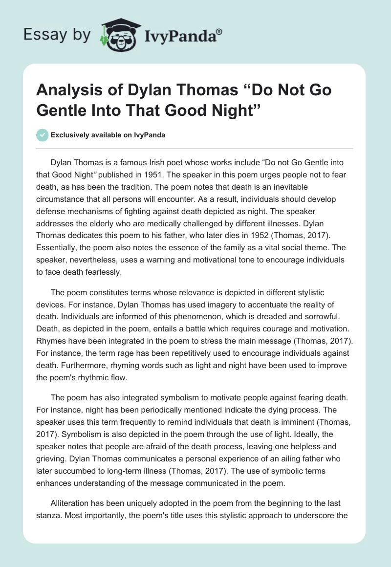 Analysis of Dylan Thomas “Do Not Go Gentle Into That Good Night”. Page 1