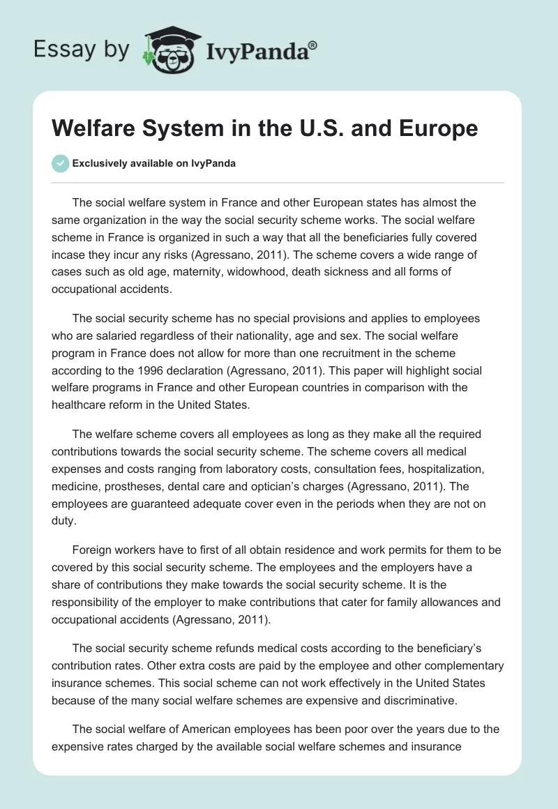 Welfare System in the U.S. and Europe. Page 1