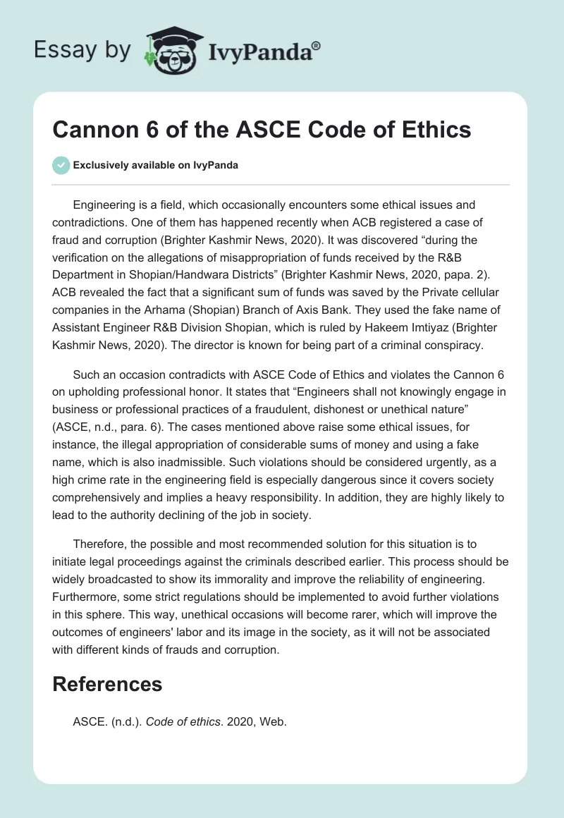 Cannon 6 of the ASCE Code of Ethics. Page 1