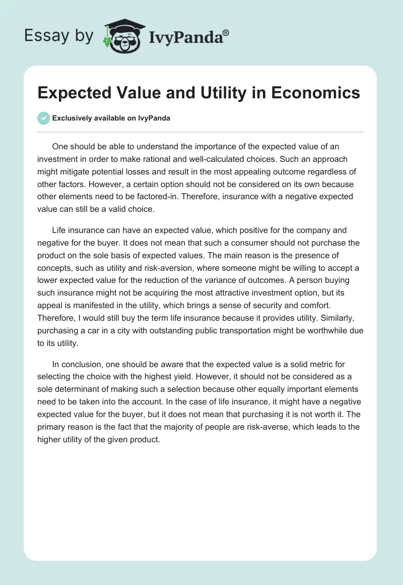 Expected Value and Utility in Economics. Page 1