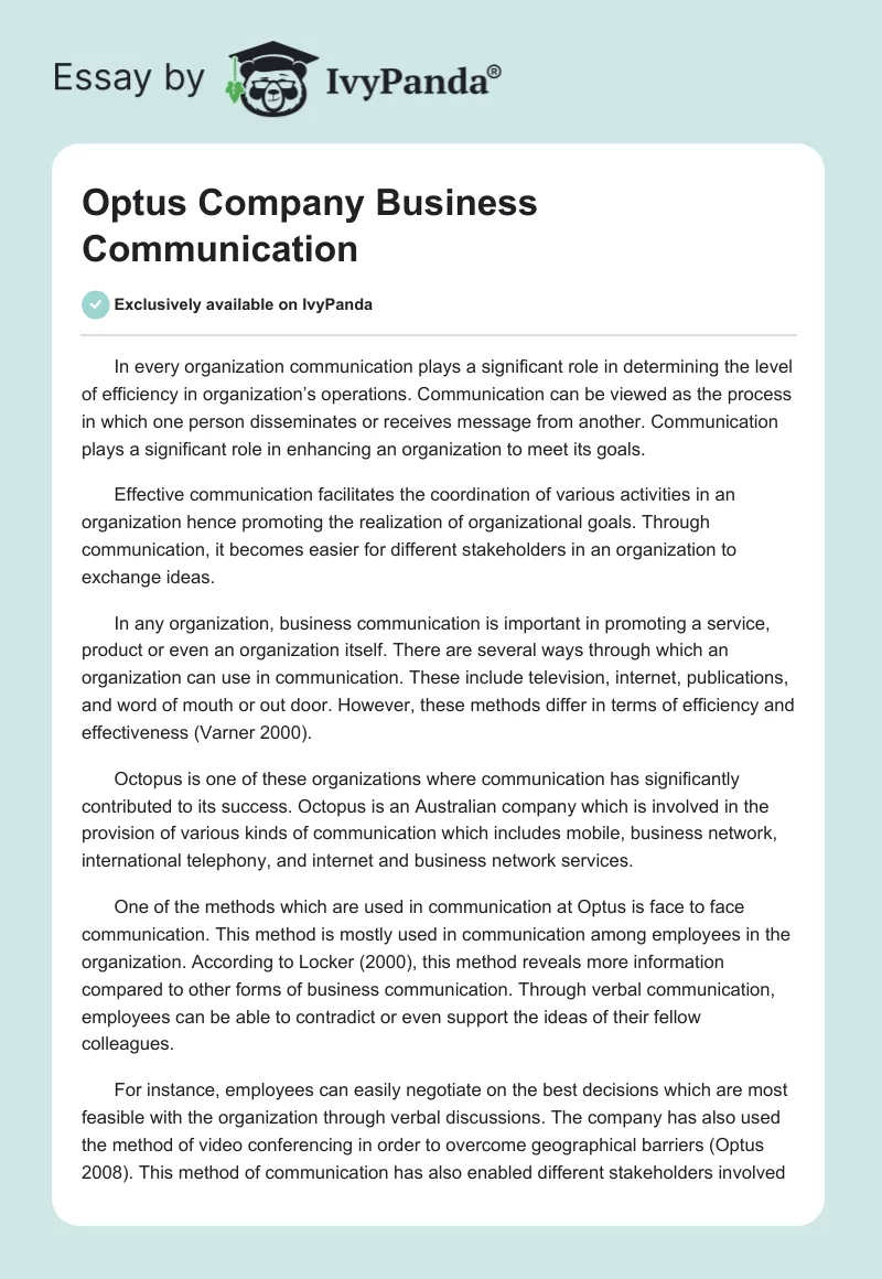 Optus Company Business Communication. Page 1