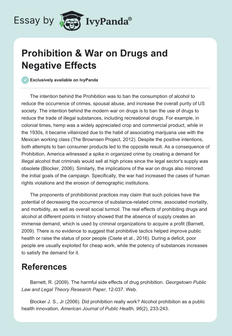 Prohibition & War on Drugs and Negative Effects. Page 1