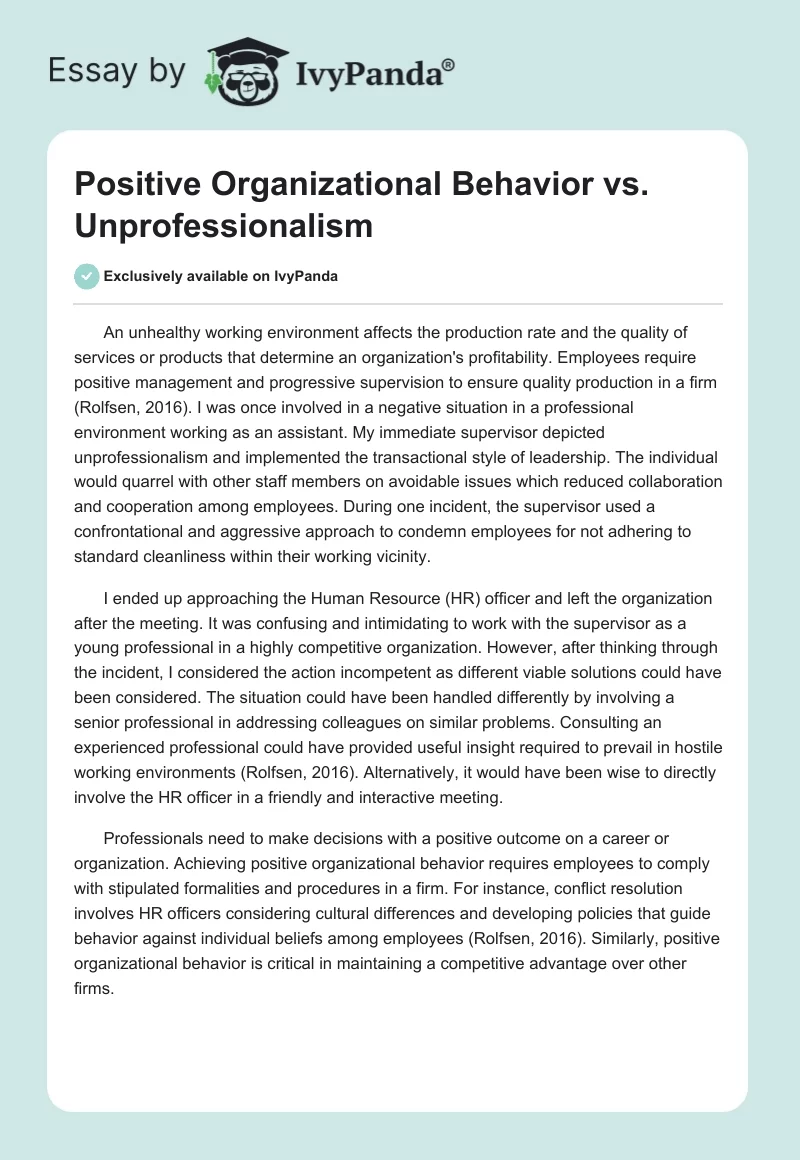 Positive Organizational Behavior vs. Unprofessionalism. Page 1