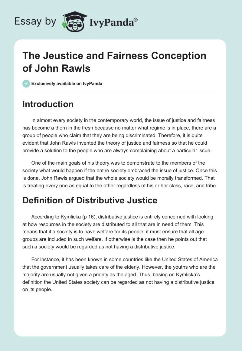 The Jeustice and Fairness Conception of John Rawls. Page 1