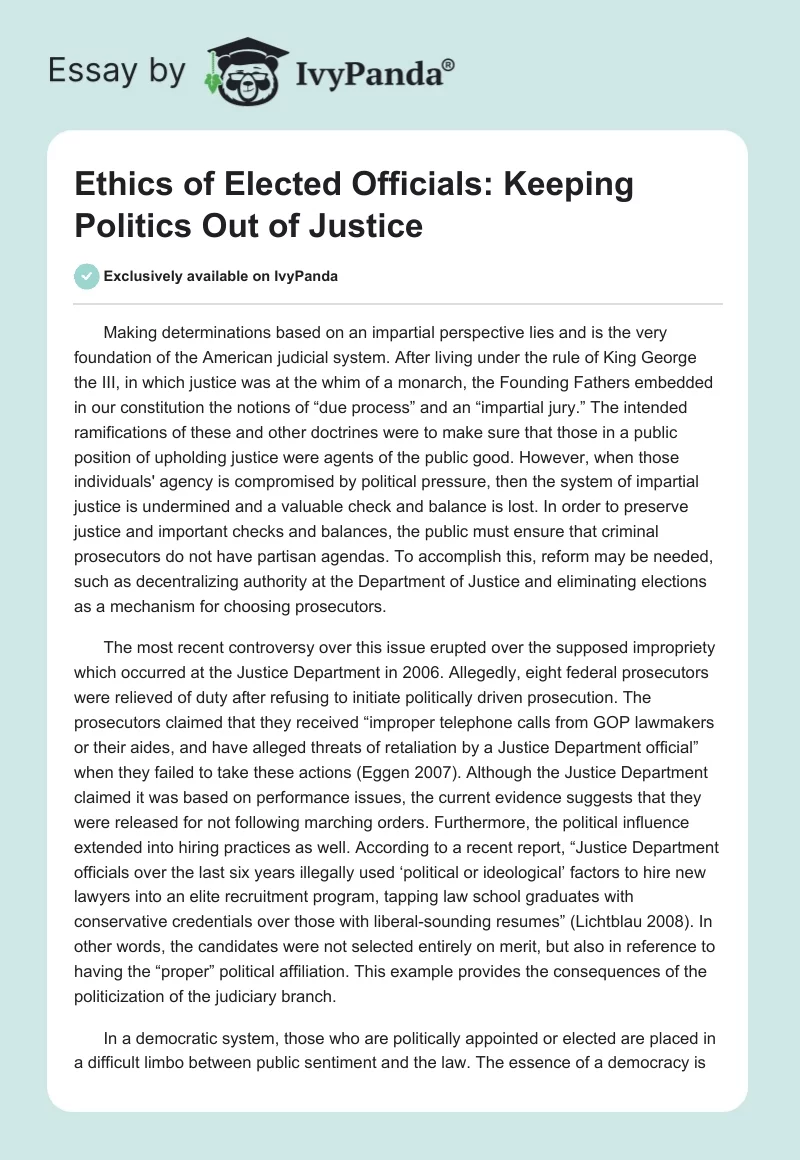 Ethics of Elected Officials: Keeping Politics Out of Justice. Page 1