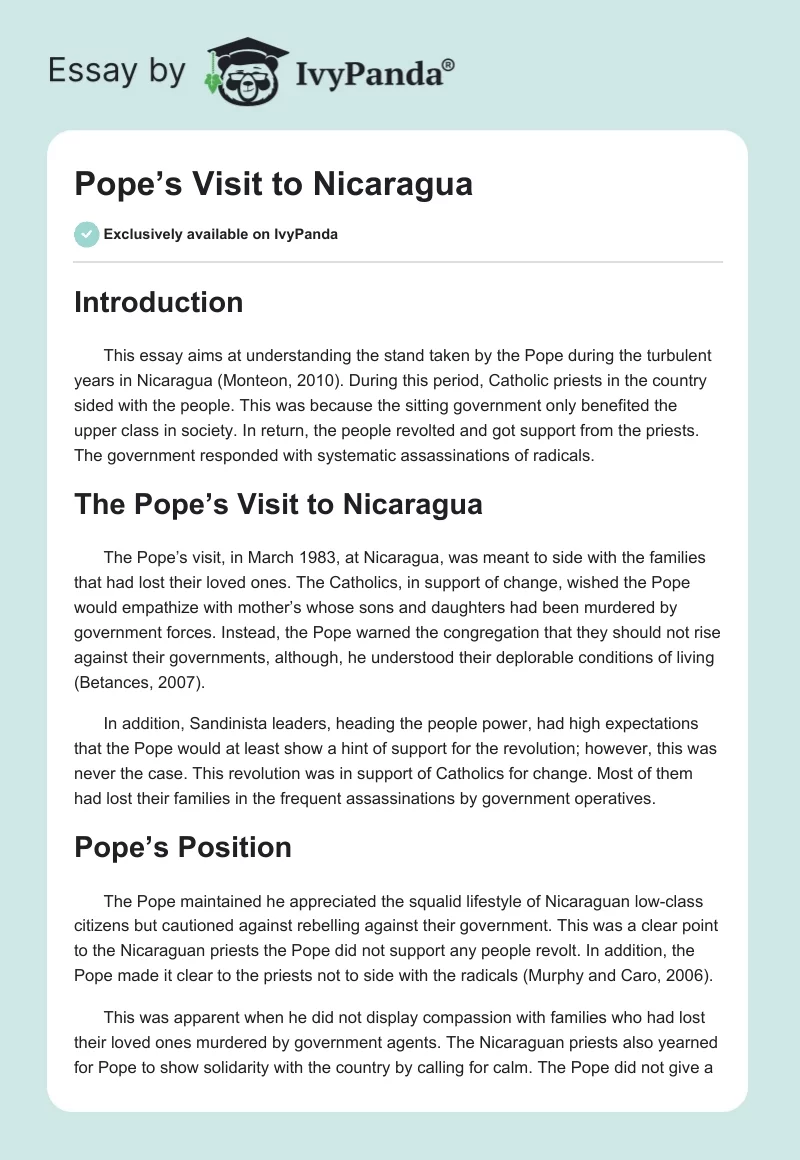 Pope’s Visit to Nicaragua. Page 1