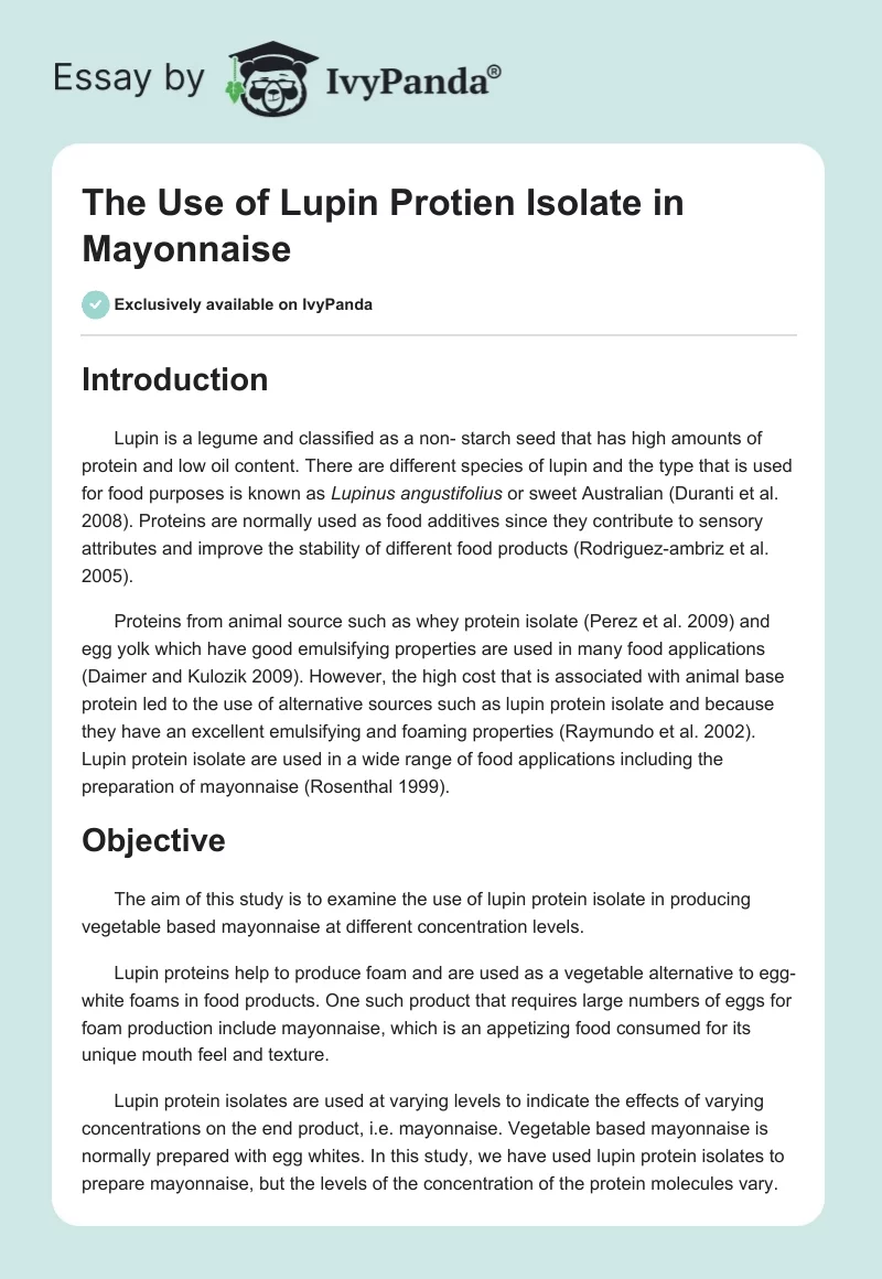 The Use of Lupin Protien Isolate in Mayonnaise. Page 1