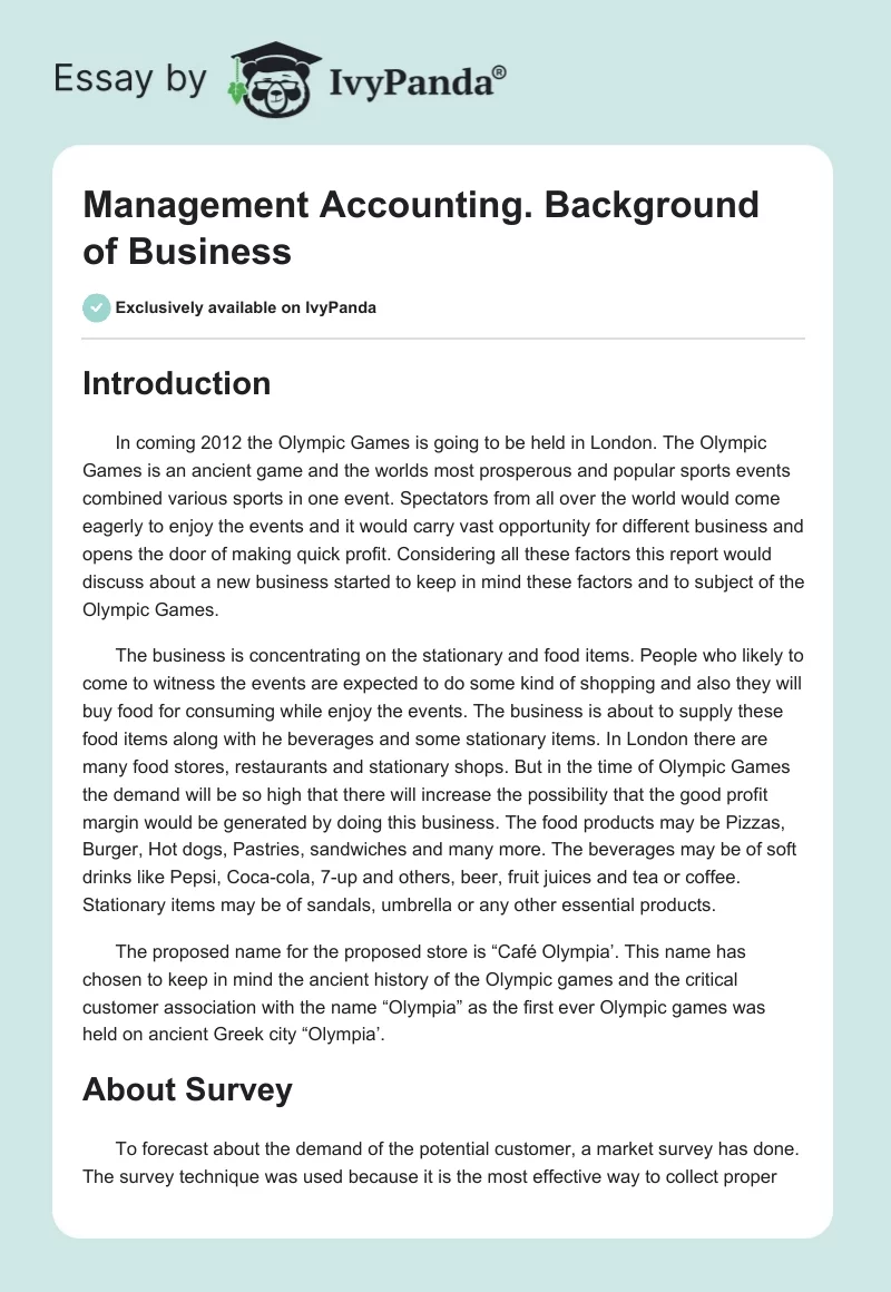 Management Accounting. Background of Business. Page 1