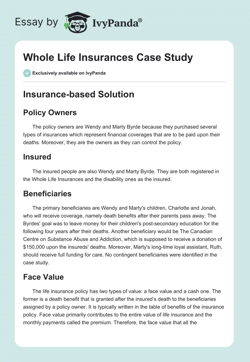 Whole Life Insurances Case Study. Page 1