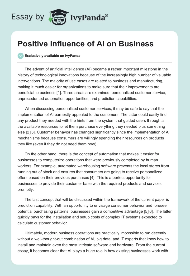 Positive Influence of AI on Business. Page 1