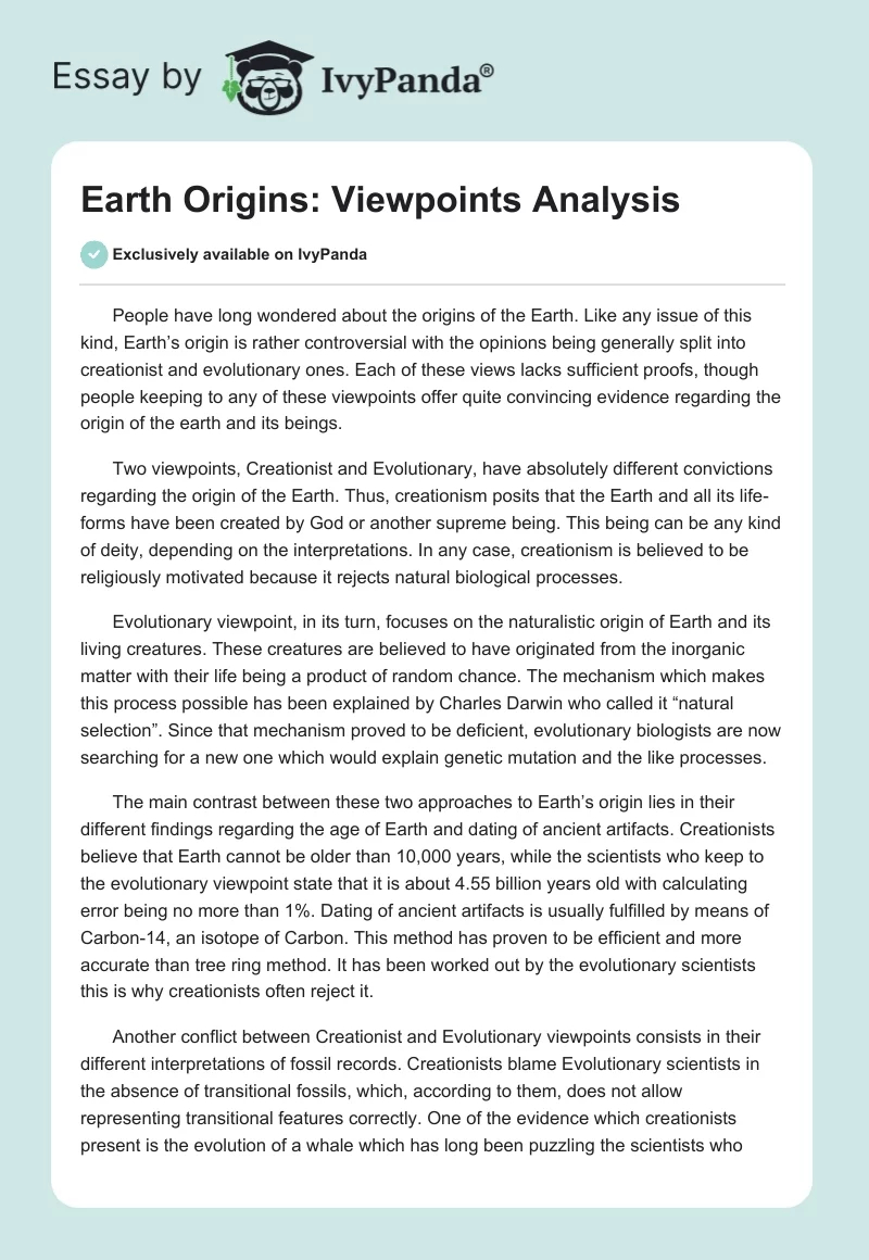 Earth Origins: Viewpoints Analysis. Page 1