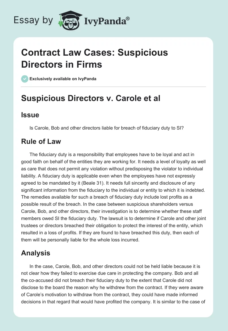 Contract Law Cases: Suspicious Directors in Firms. Page 1