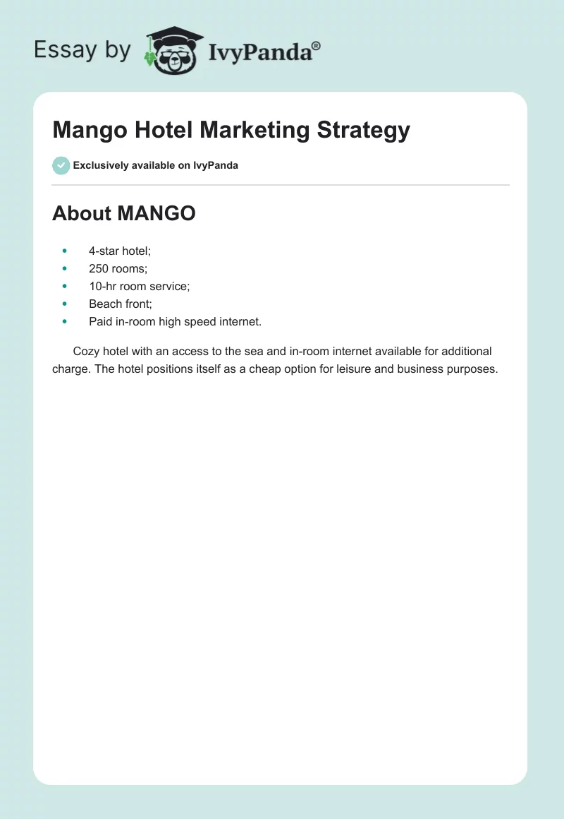 Mango Hotel Marketing Strategy. Page 1