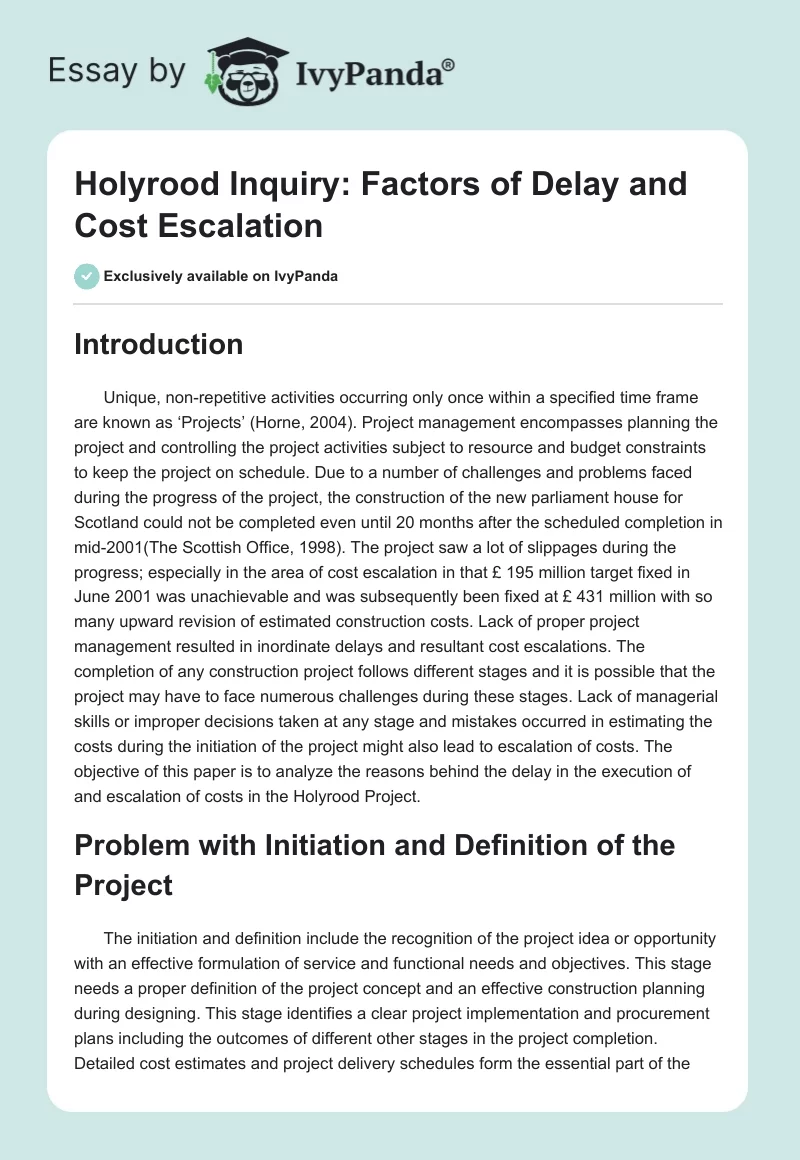 Holyrood Inquiry: Factors of Delay and Cost Escalation. Page 1