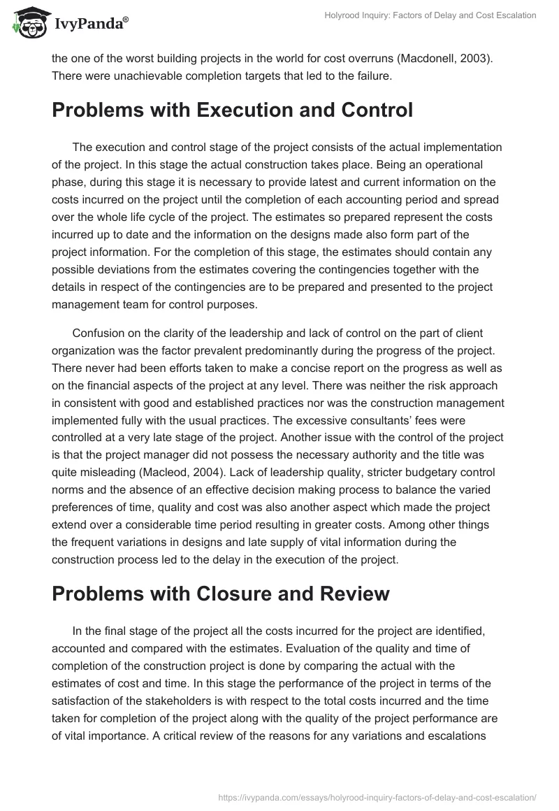 Holyrood Inquiry: Factors of Delay and Cost Escalation. Page 3