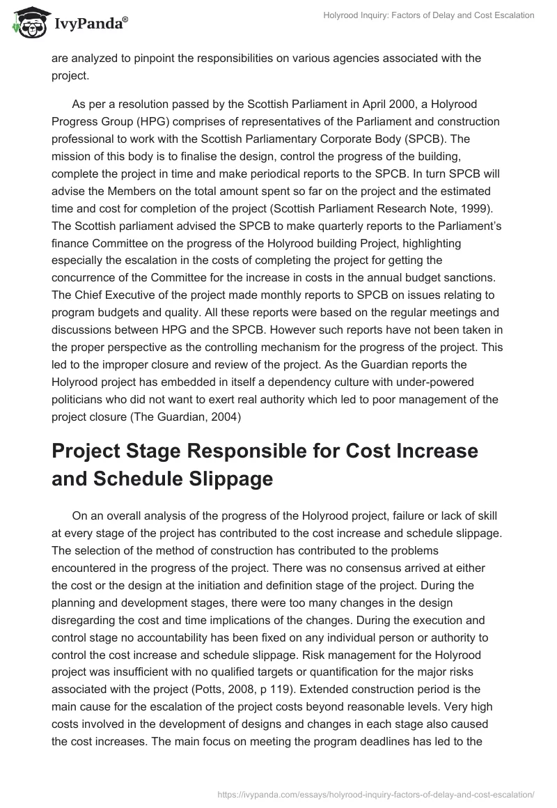 Holyrood Inquiry: Factors of Delay and Cost Escalation. Page 4