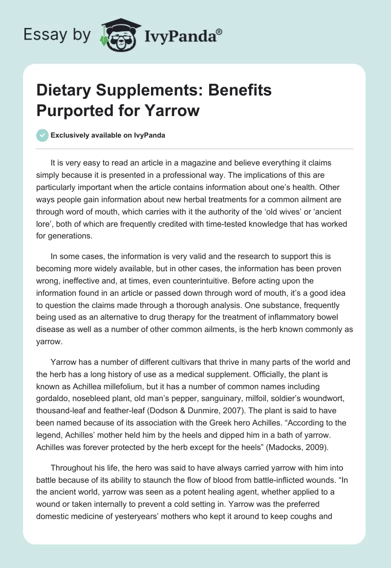 Dietary Supplements: Benefits Purported for Yarrow. Page 1