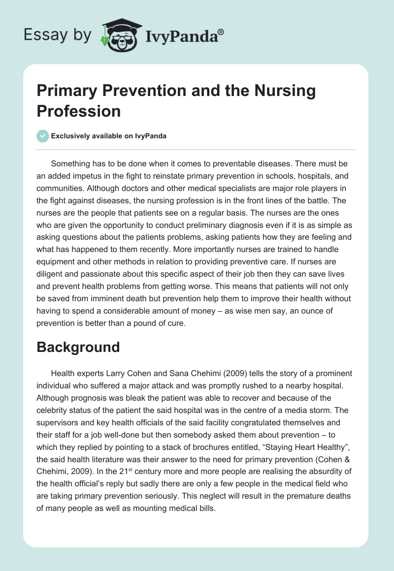 Primary Prevention and the Nursing Profession. Page 1