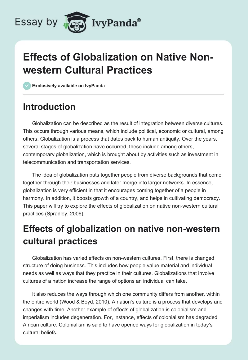 Effects of Globalization on Native Non-Western Cultural Practices. Page 1