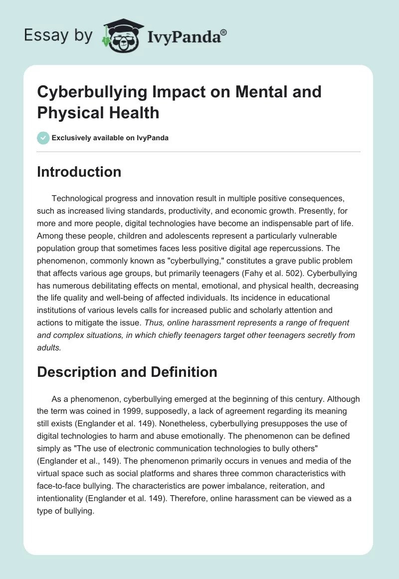 Cyberbullying Impact on Mental and Physical Health. Page 1