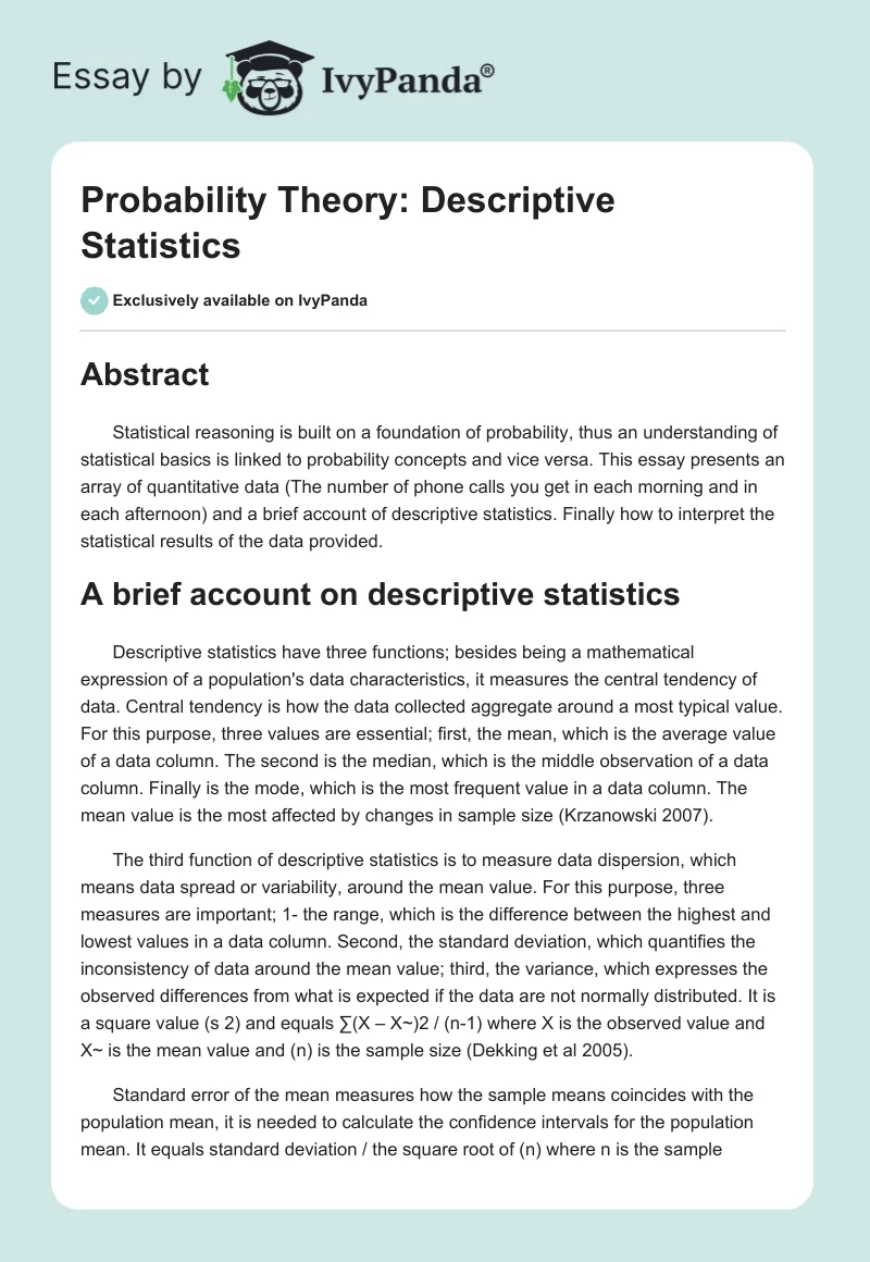Probability Theory: Descriptive Statistics. Page 1