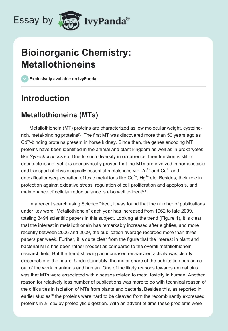 Bioinorganic Chemistry: Metallothioneins. Page 1