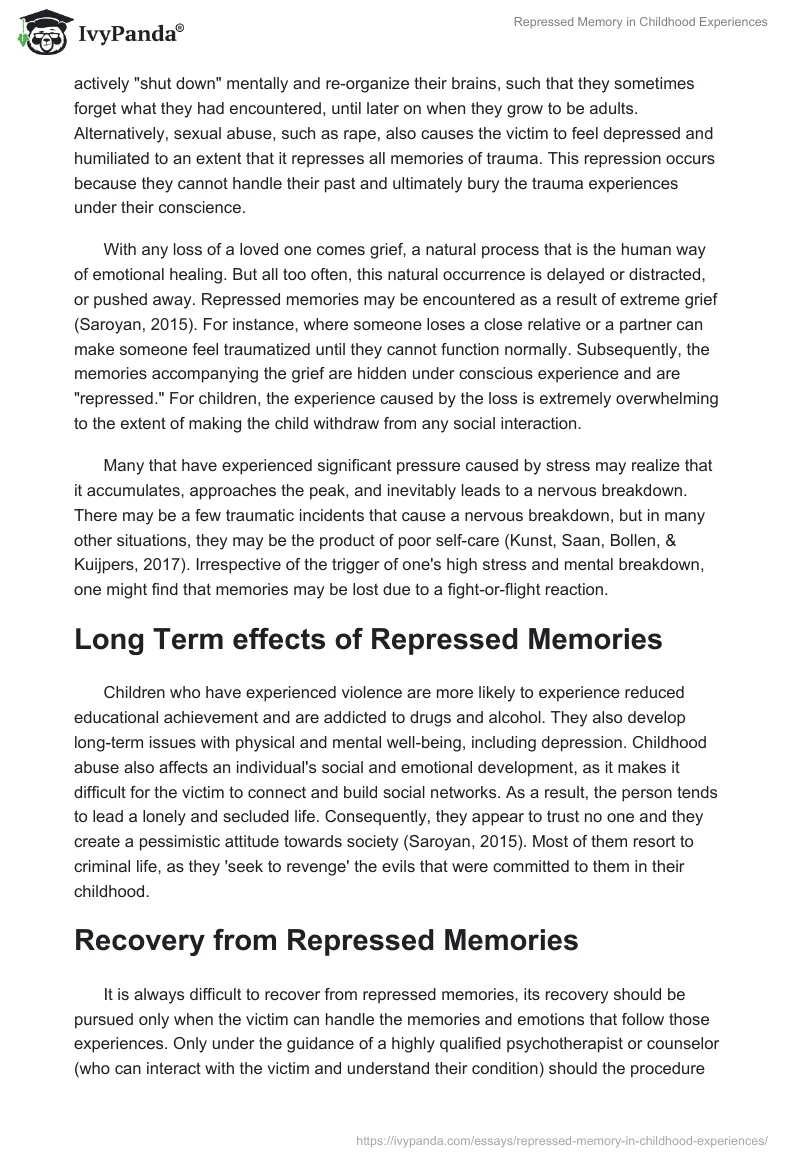 Repressed Memory in Childhood Experiences. Page 2