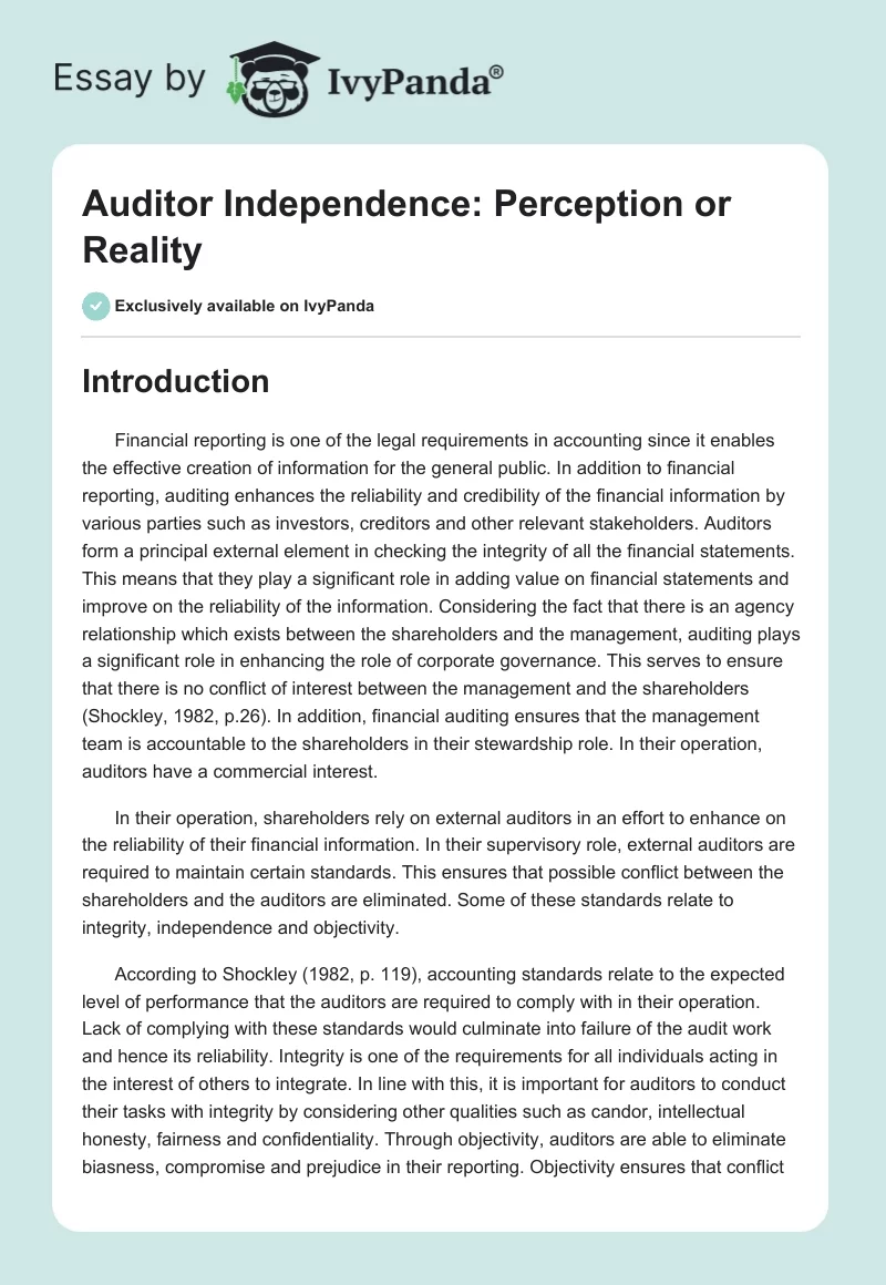 Auditor Independence: Perception or Reality. Page 1