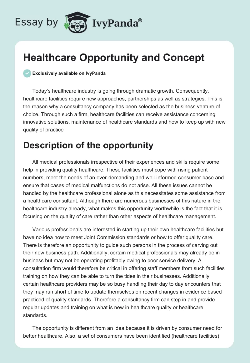 Healthcare Opportunity and Concept. Page 1