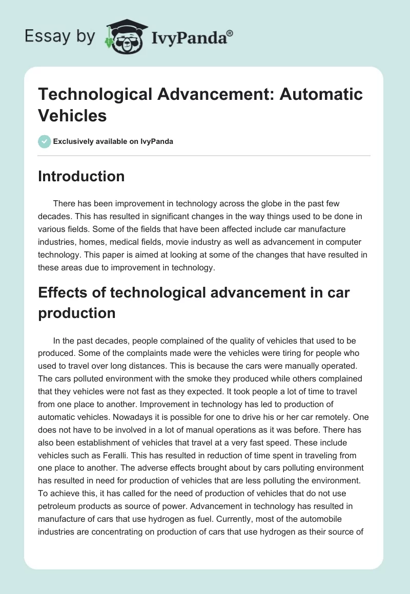 Technological Advancement: Automatic Vehicles. Page 1