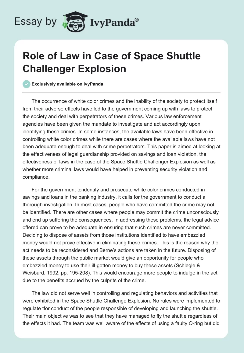 Role of Law in Case of Space Shuttle Challenger Explosion. Page 1