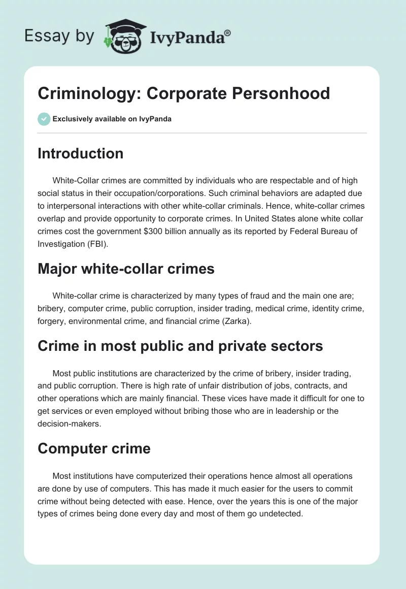 Criminology: Corporate Personhood. Page 1