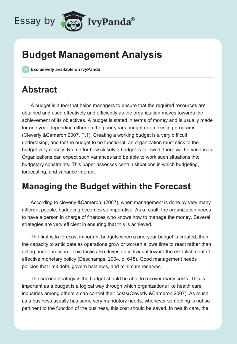 Budget Management Analysis. Page 1