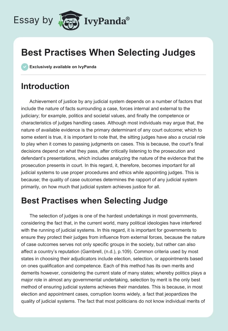 Best Practises When Selecting Judges. Page 1