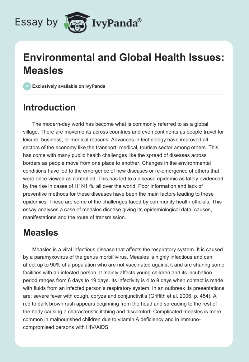 Environmental and Global Health Issues: Measles. Page 1