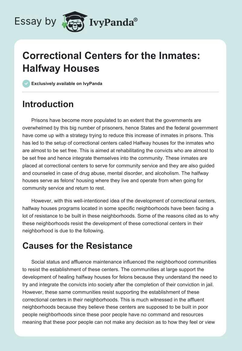Correctional Centers for the Inmates: Halfway Houses. Page 1