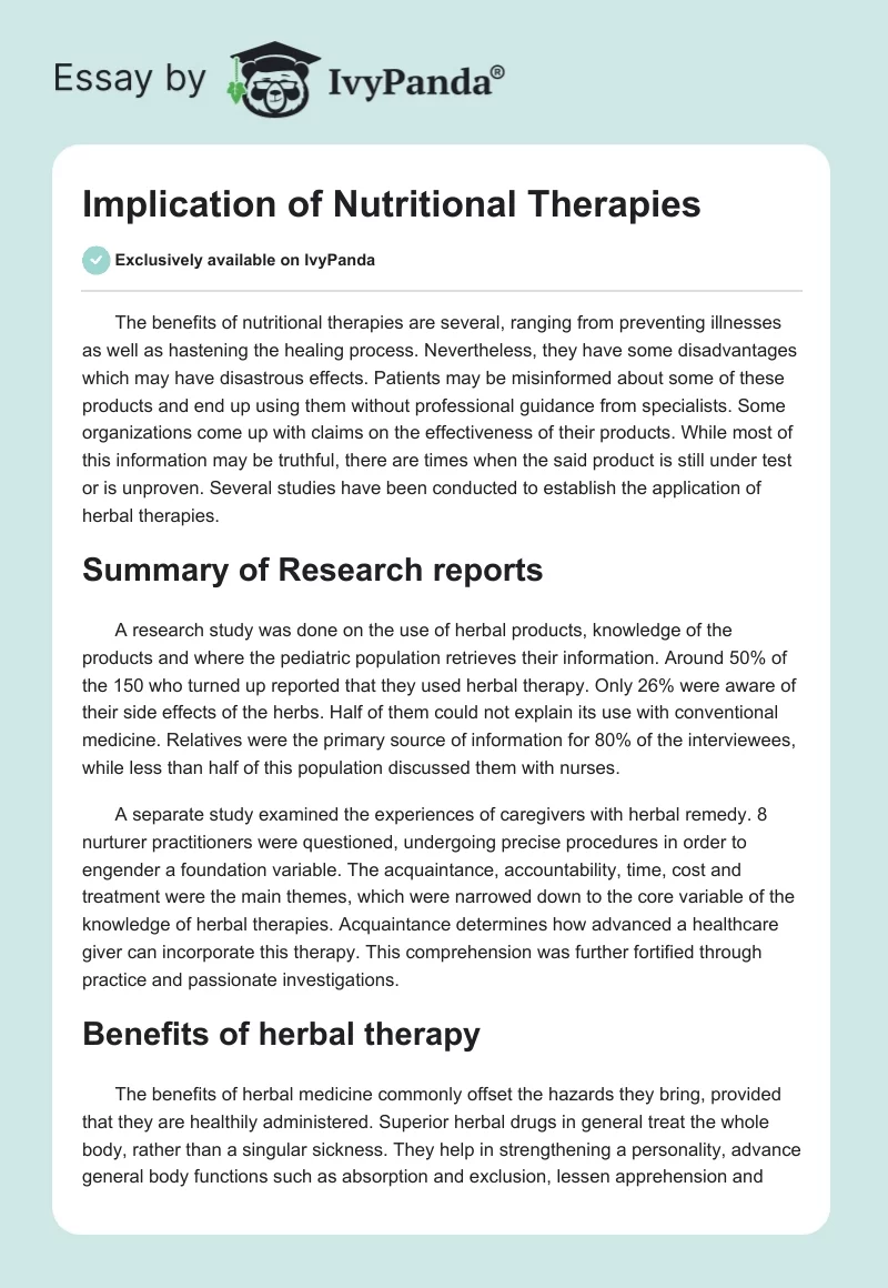 Implication of Nutritional Therapies. Page 1