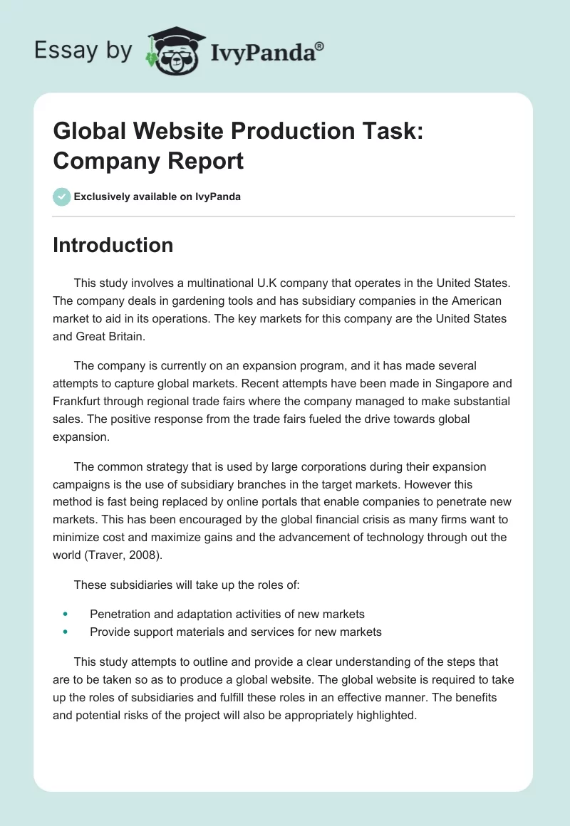 Global Website Production Task: Company Report. Page 1