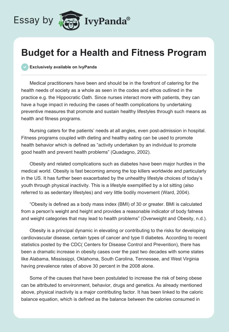 Budget for a Health and Fitness Program. Page 1