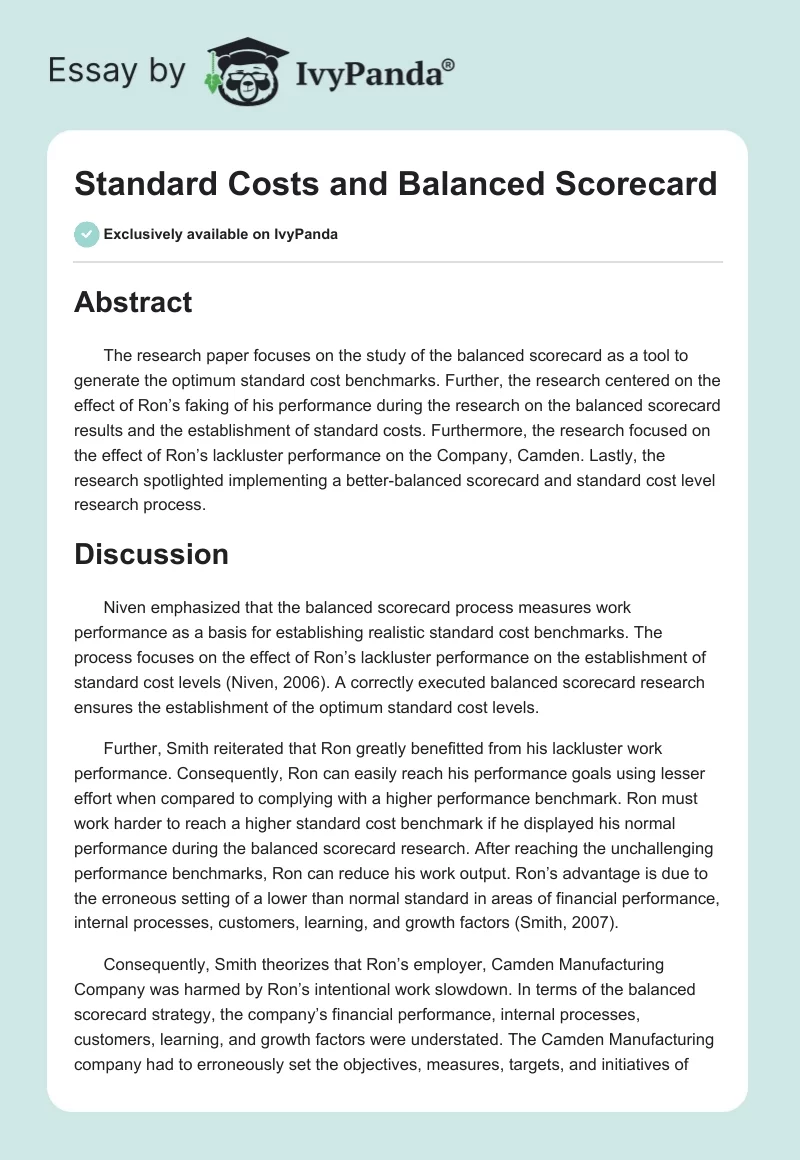 Standard Costs and Balanced Scorecard. Page 1