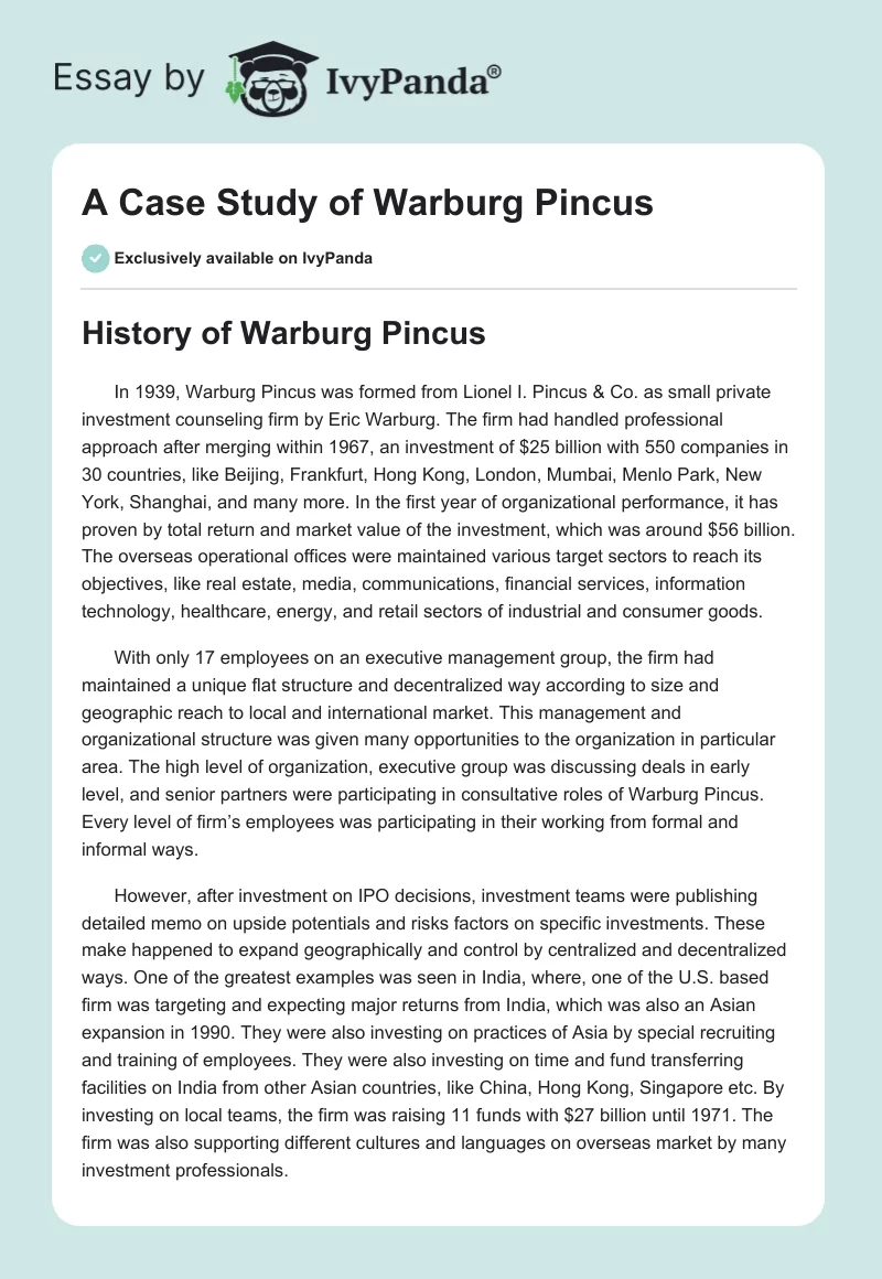 A Case Study of Warburg Pincus. Page 1
