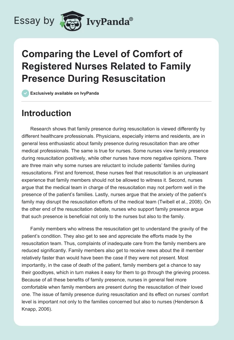 Comparing the Level of Comfort of Registered Nurses Related to Family Presence During Resuscitation. Page 1