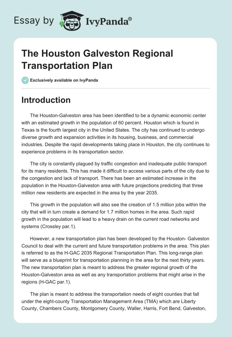 The Houston Galveston Regional Transportation Plan. Page 1