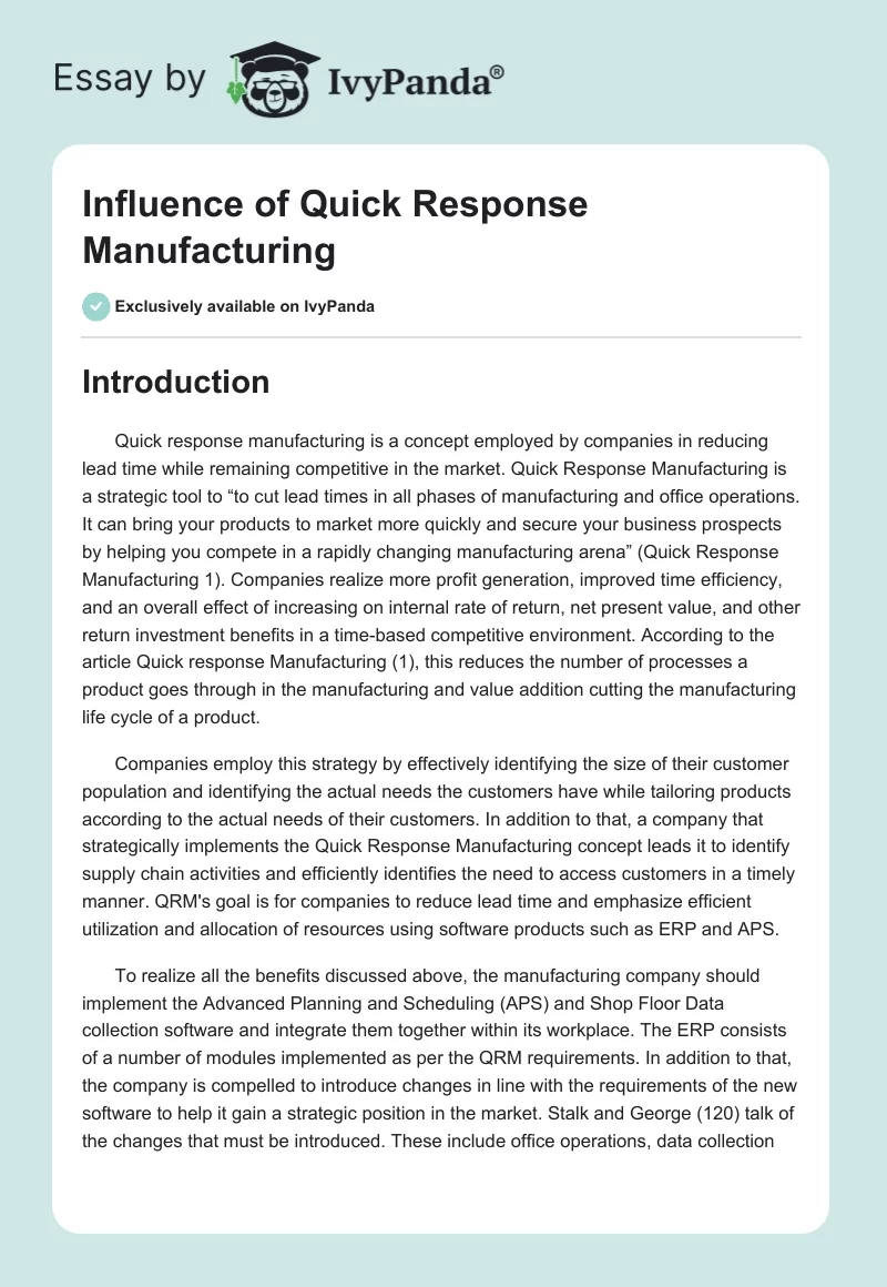 Influence of Quick Response Manufacturing. Page 1