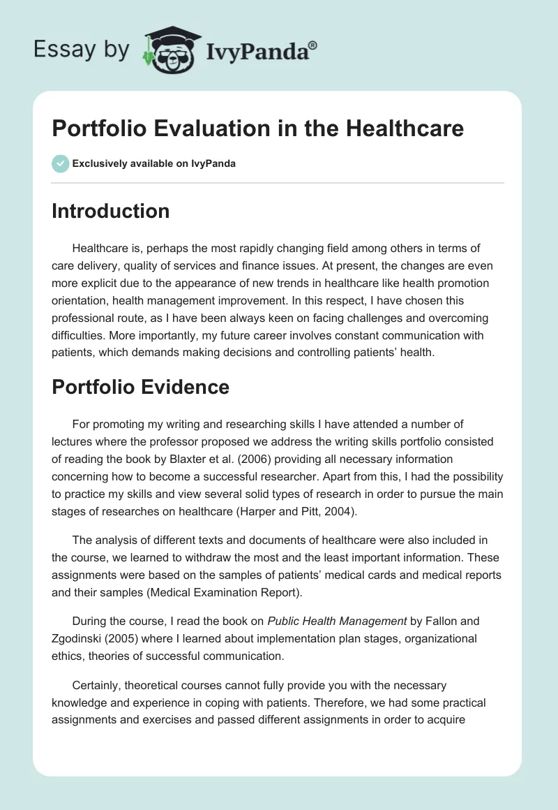 Portfolio Evaluation in the Healthcare. Page 1