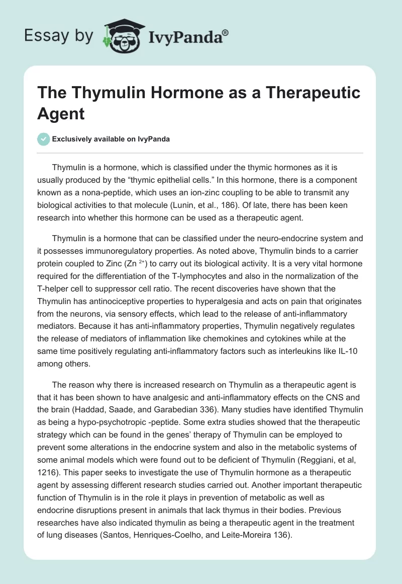 The Thymulin Hormone as a Therapeutic Agent. Page 1
