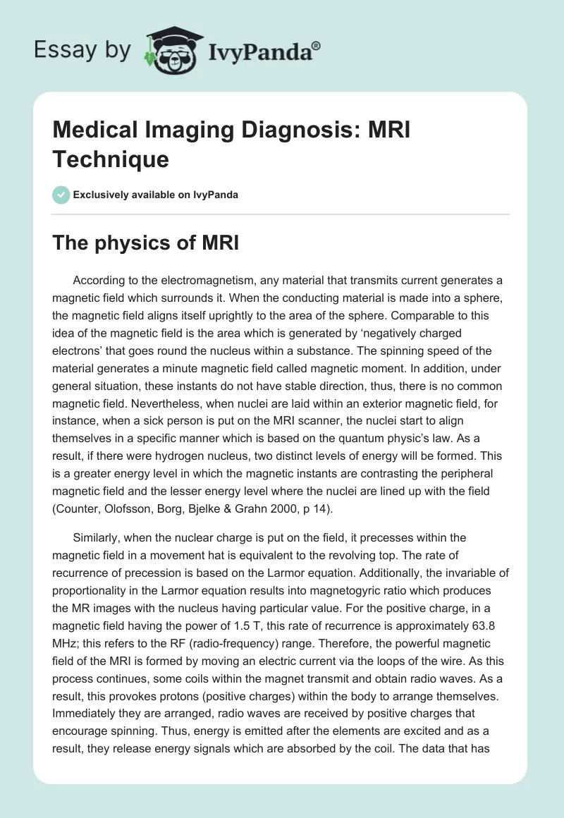 Medical Imaging Diagnosis: MRI Technique. Page 1