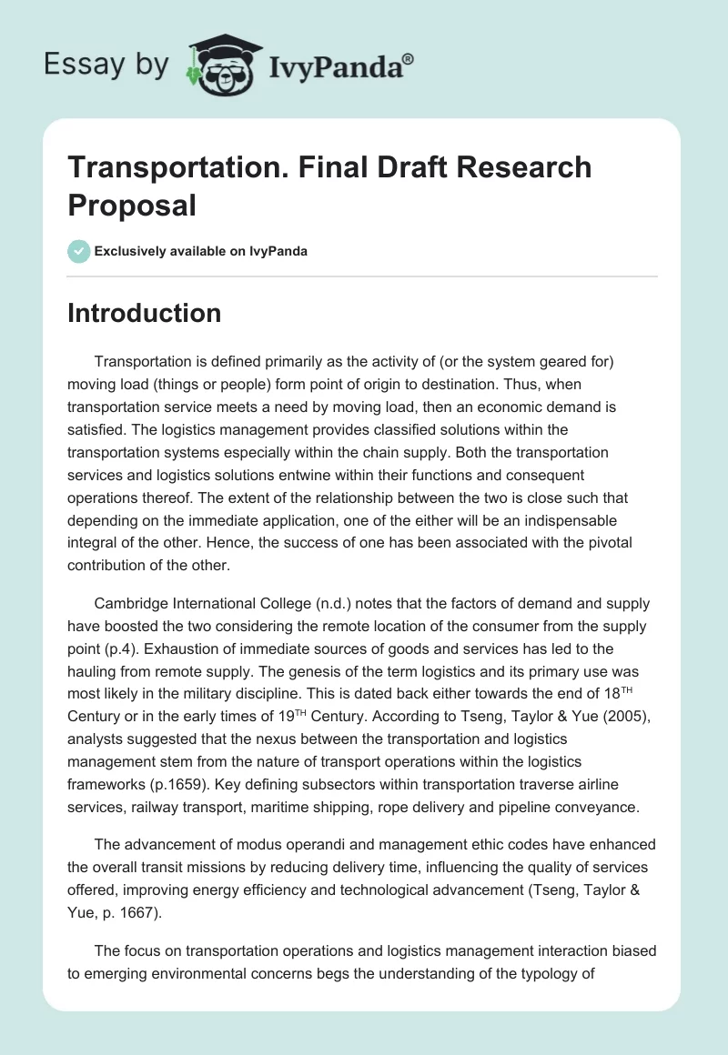 Transportation. Final Draft Research Proposal. Page 1