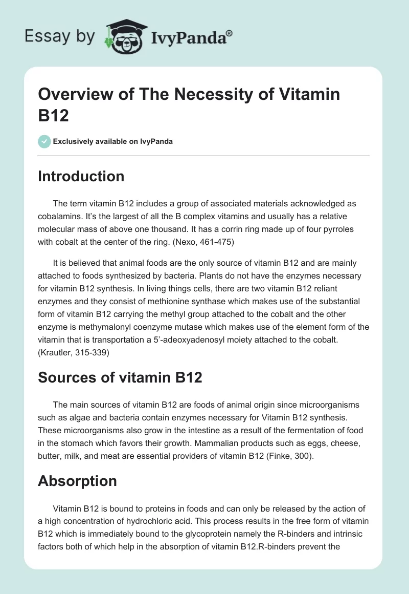 Overview of The Necessity of Vitamin B12. Page 1