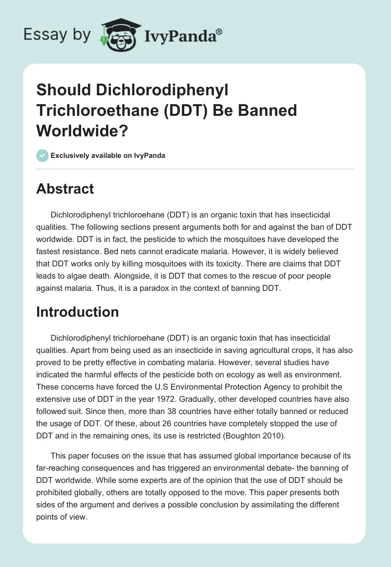 Should Dichlorodiphenyl Trichloroethane (DDT) Be Banned Worldwide?. Page 1
